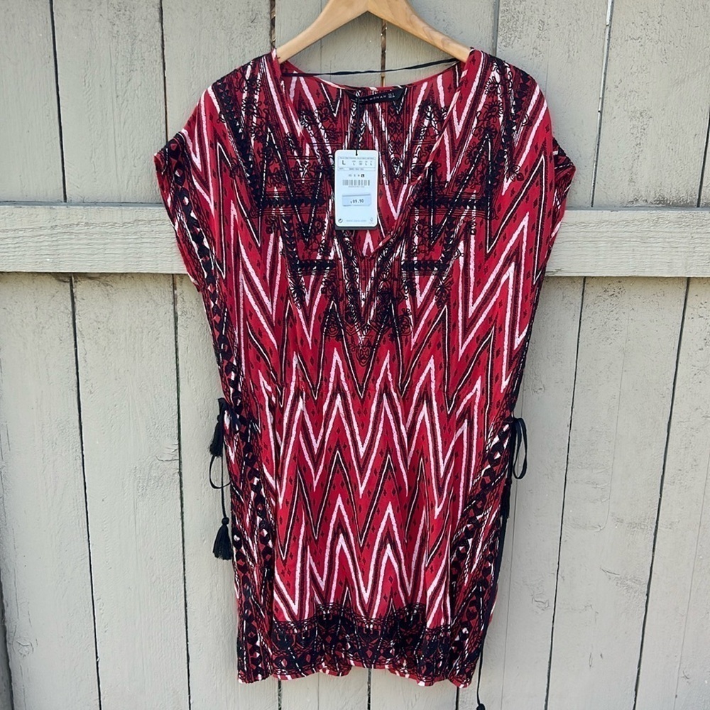 NWT Zara Woman  Beach Cover Up Tunic Embroidered Side Ties Bohemian Sz L